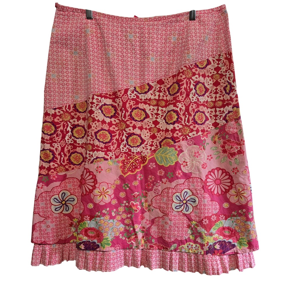 Oilily Vintage XL Pink Floral Patchwork Ruffle Hem A-Line Skirt Boho Knee Length